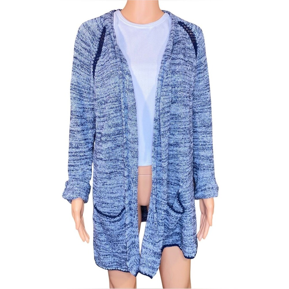 Artisan NY Open Front Cardigan Longer Length Knit Heather Blue Crochet Trim SZ M